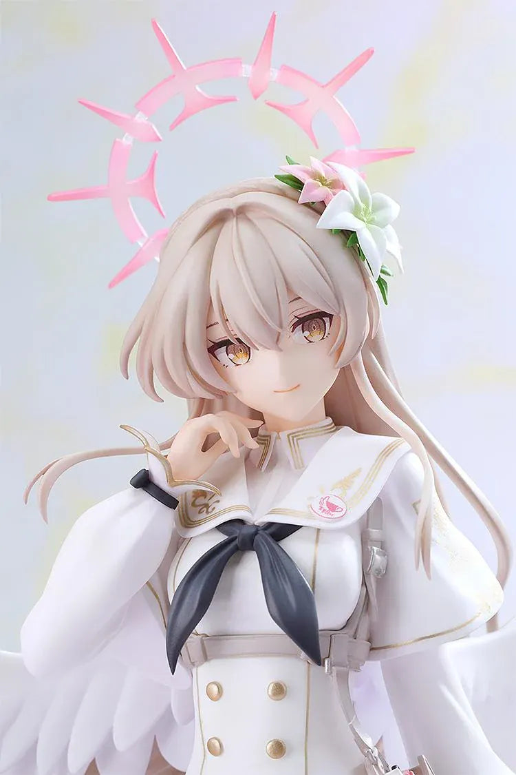 Blue Archive G.S. Collection Nagisa Radiance in Bloom 1/7 Scale Figure with white angel wings, floral halo, flowing uniform, and decorative crescent moon base