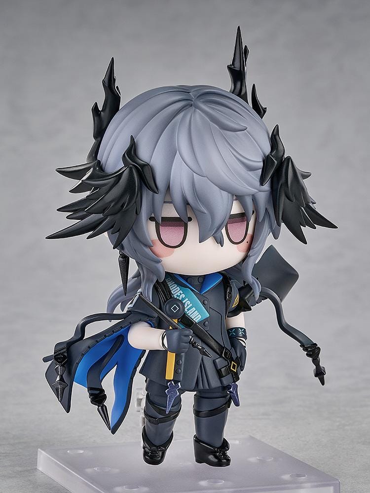 Arknights Logos Nendoroid figure with gray hair, pink eyes, black horn and feather-like details, and a dark coat with blue lining.