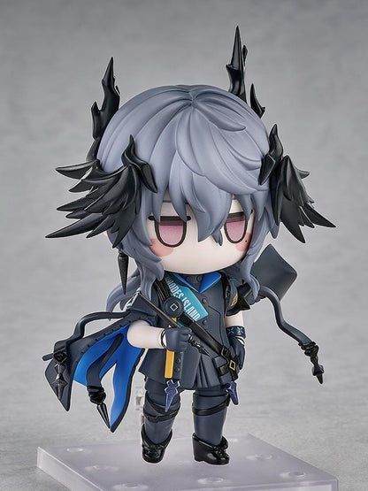 Arknights Logos Nendoroid figure with gray hair, pink eyes, black horn and feather-like details, and a dark coat with blue lining.