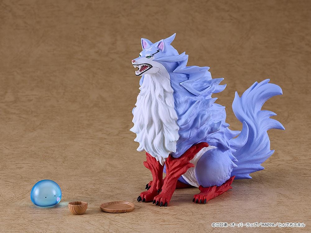 Pop Up Parade Swacchao Fel & Sui figure from Campfire Cooking in Another World with My Absurd Skill, featuring a large purple wolf sitting with tiny blue slime Sui and two wooden bowls.