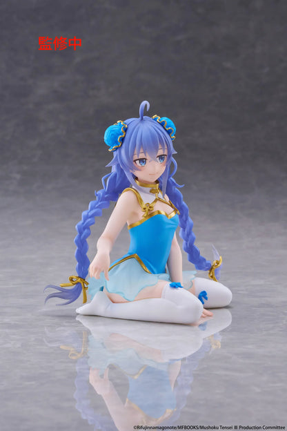 Mushoku Tensei Desktop Cute Roxy Migurdia Chinese Dress Ver. figure seated in a blue-and-gold dress with long braided hair.