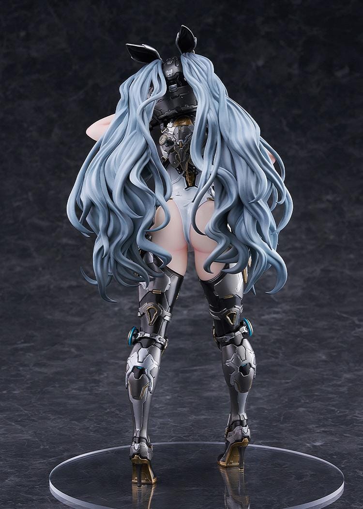The First Descendant Ultimate Bunny 1/7 Scale Figure with futuristic armor, masked headpiece, long hair, and black silver gold battle suit