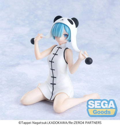 Re Zero Rem panda themed figure seated wearing white dress and panda hat
