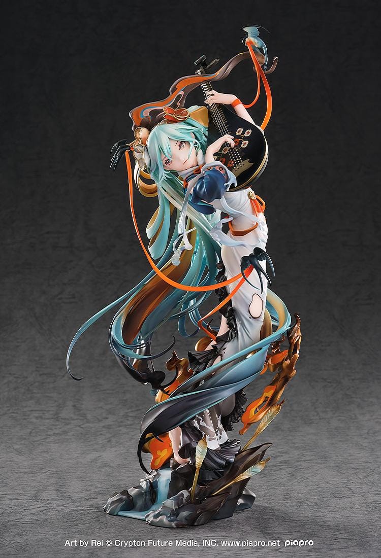 Hatsune Miku Shimian Maifu Ver. 1/7 scale figure featuring flowing turquoise hair, stringed instrument, orange ribbons, flame effects, and detailed fantasy outfit