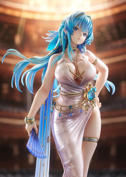 Goddess of Victory: Nikke Helm Chandelier 1/7 scale figure in shimmering pale dress with blue hair, gold accessories, and fan on ship-like base