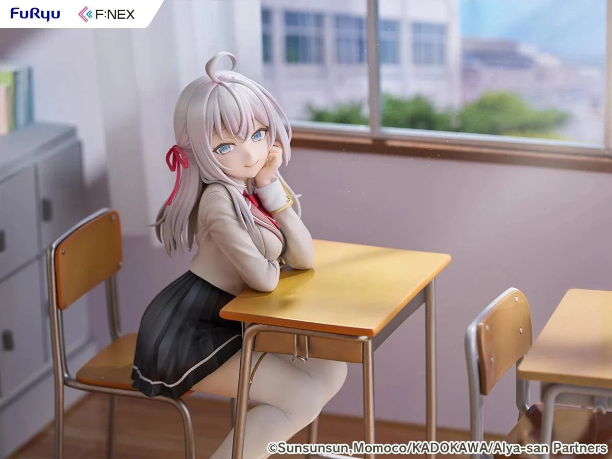 Alya Sometimes Hides Her Feelings in Russian Alya 1/7 Scale Figure by FuRyu F:NEX featuring Alya sitting at a school desk with silver hair and red ribbons