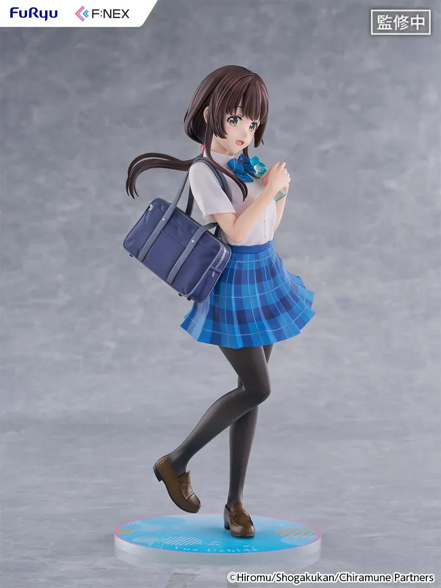 Chitose Is in the Ramune Bottle Yua Uchida 1/7 Scale Figure with brown hair, blue plaid skirt, school uniform outfit, shoulder bag, drink bottle accessory, and display base