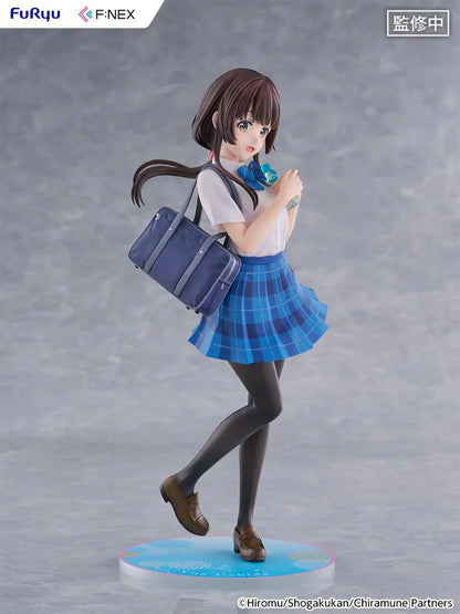 Chitose Is in the Ramune Bottle Yua Uchida 1/7 Scale Figure with brown hair, blue plaid skirt, school uniform outfit, shoulder bag, drink bottle accessory, and display base