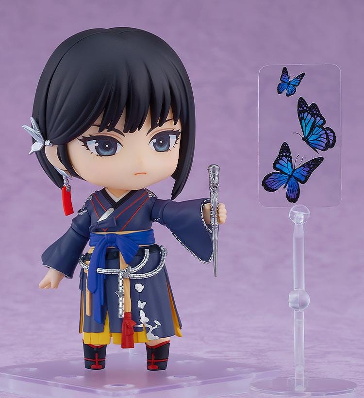Black Desert Nendoroid Woosa figure wearing a traditional blue outfit and holding a black fan accessory