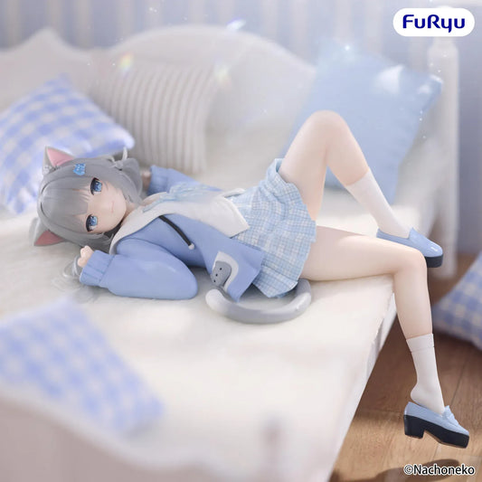 Nachoneko Noodle Stopper Figure by FuRyu featuring Nachoneko lying down in a blue outfit with cat ears and a cushion base.