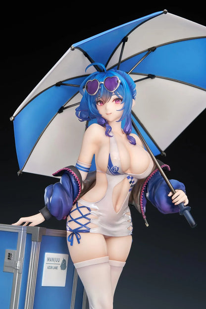 Azur Lane St. Louis Race Queen Ver. 1/7 Scale Figure with blue hair, umbrella, racing outfit, display cases, mascot detail, and bonus item