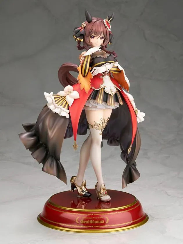 Umamusume Pretty Derby Gentildonna 1/7 Scale Figure featuring a brown-haired horse girl with a playful wink, an elaborate black, red, and gold outfit, flowing decorative fabric, white ruffles, ornate accessories, elegant stockings, and gold-accented heels standing on a red and gold circular display base.