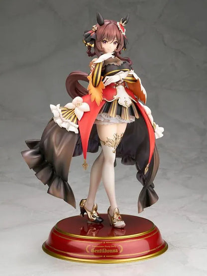 Umamusume Pretty Derby Gentildonna 1/7 Scale Figure featuring a brown-haired horse girl with a playful wink, an elaborate black, red, and gold outfit, flowing decorative fabric, white ruffles, ornate accessories, elegant stockings, and gold-accented heels standing on a red and gold circular display base.