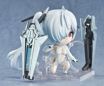 NIKKE Nendoroid Cinderella chibi figure with white twin tails and mechanical weapon arms