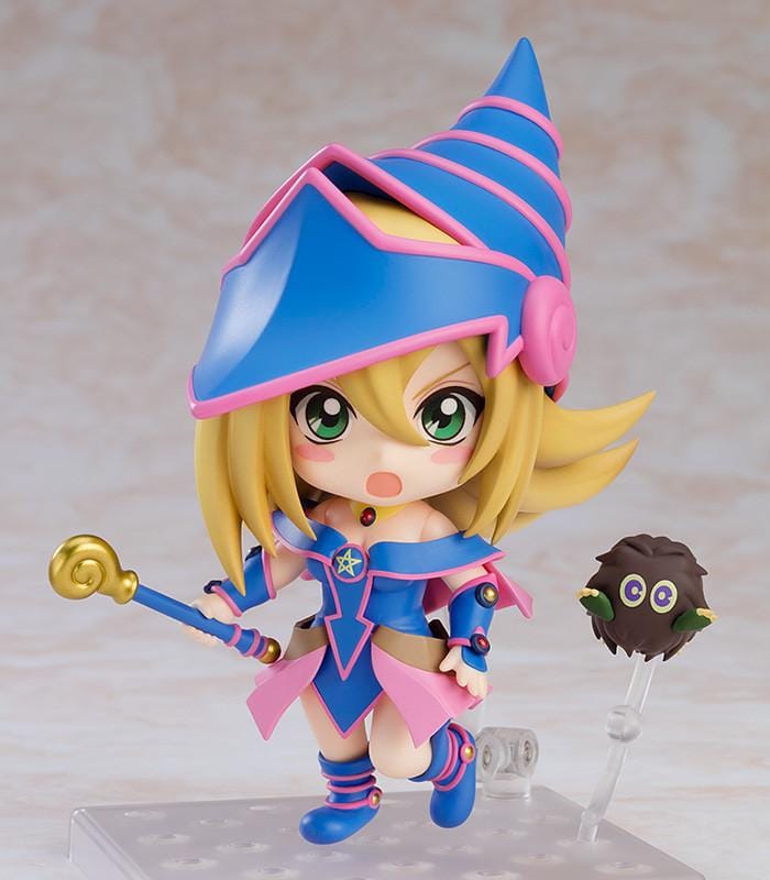 Yu-Gi-Oh! Nendoroid Dark Magician Girl Figure Rerelease with blue and pink magician outfit, oversized hat, staff, and chibi-style design