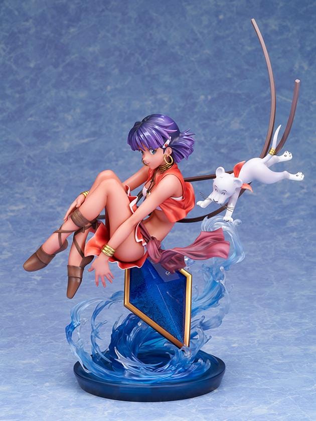 Nadia 1/7 scale figure in a red outfit with purple hair, a white lion companion, flowing ribbons, and swirling blue water effects.