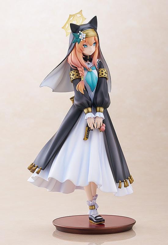 Blue Archive Mari 1/7 scale figure rerelease wearing a black-and-white nun-inspired dress with gold accents and peach-colored hair