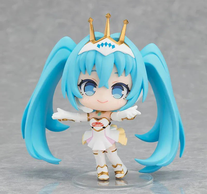 Eight featured Racing Miku All Stars Vol.2 chibi figure designs with turquoise twin-tails, varied outfits, crowns, flowers, goggles, and playful poses.