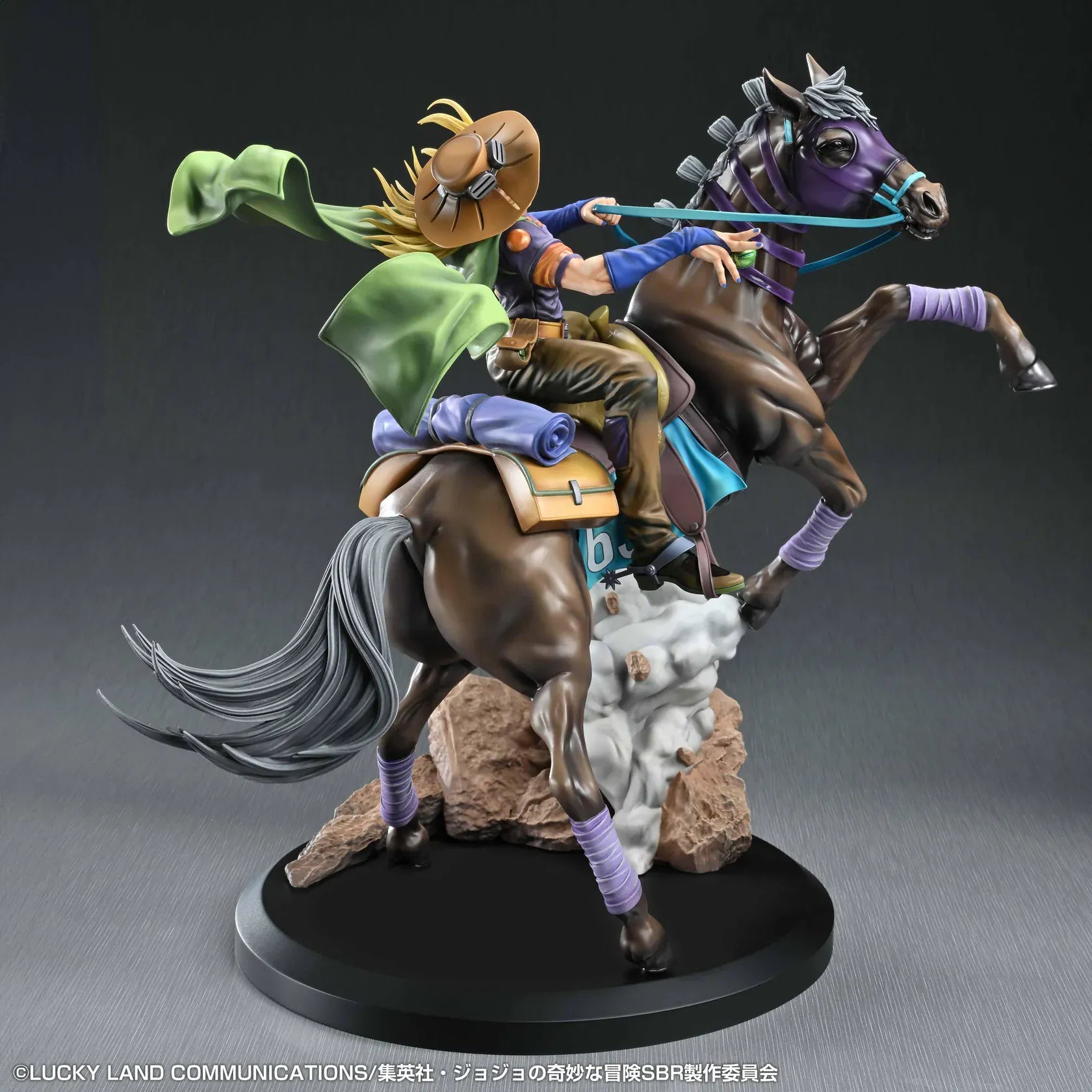 STEEL BALL RUN JoJo's Bizarre Adventure Gyro Zeppeli and Valkyrie figure featuring Gyro riding Valkyrie in a dynamic action pose with rocky effect base