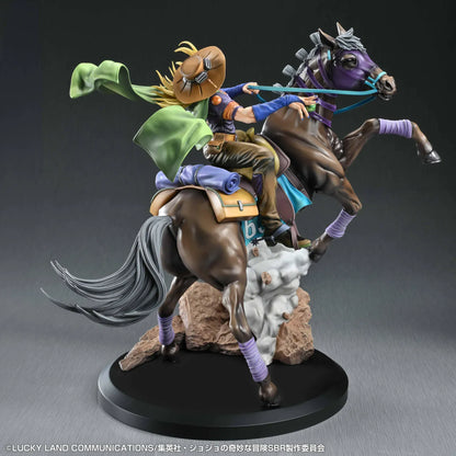 STEEL BALL RUN JoJo's Bizarre Adventure Gyro Zeppeli and Valkyrie figure featuring Gyro riding Valkyrie in a dynamic action pose with rocky effect base