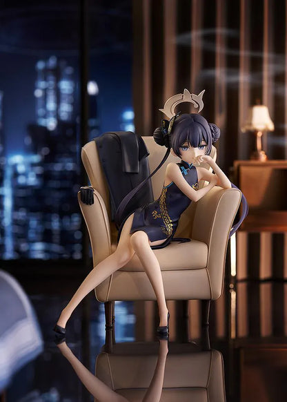 Blue Archive G.S. Collection Kisaki Memorial Lobby Ver. 1/7 Scale Figure seated in an armchair with dark outfit, halo, and blue accents