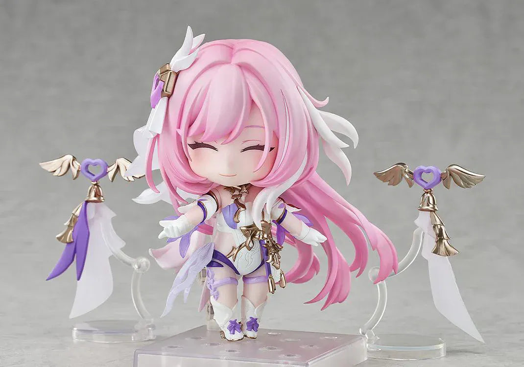 Honkai Impact 3rd Nendoroid No.2916 Elysia Herrscher of Human Ego chibi figure with pink hair, white and purple outfit, and wing accessories