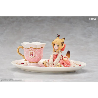 DLC Series Tea Time Cats Orange Cat Non Scale Figure by RIBOSE featuring an orange-haired cat girl with green eyes, a pink outfit, fluffy cat ears, and paw-shaped sleeves sitting beside a decorative pink teacup on a matching serving tray.