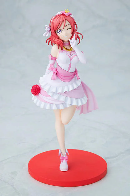 Love Live School Idol Project Maki Nishikino Bokutachi wa Hitotsu no Hikari Ver. Figure featuring Maki in a pink and white idol outfit with rose detail, white gloves, and red display base.