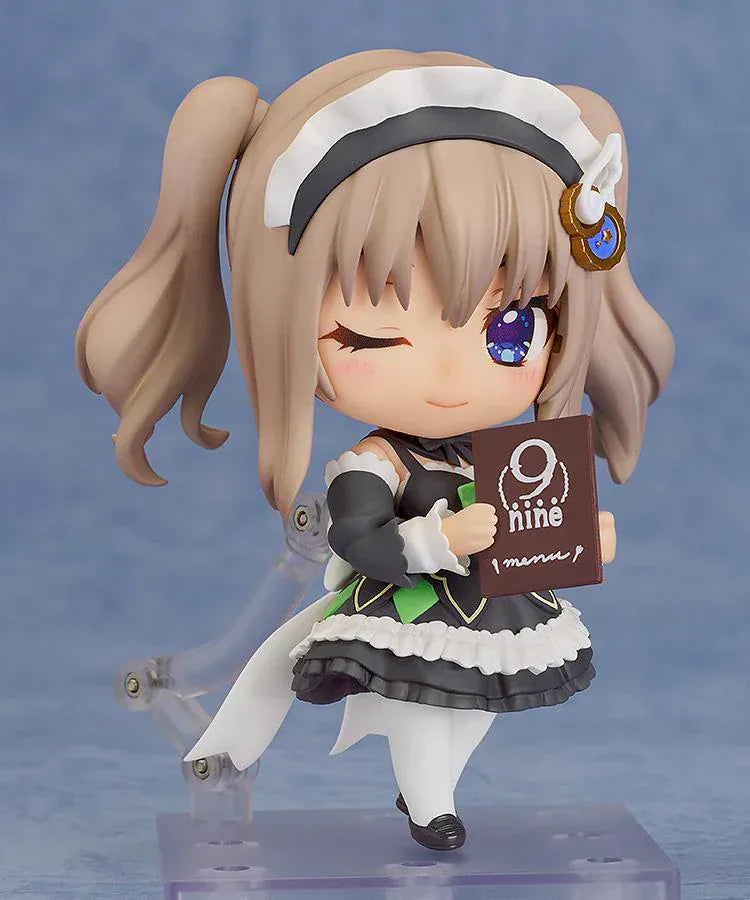 9-nine Nendoroid No.2868 Miyako Kujo Maid Ver chibi figure with red glasses, black-and-white maid outfit, tray and menu