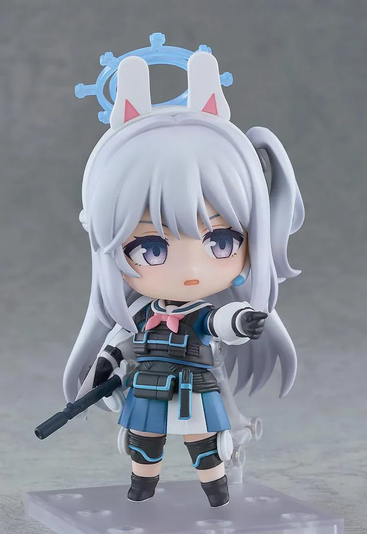 Blue Archive Nendoroid Miyako Tsukiyuki with silver hair, rabbit-ear headband, blue halo, white jacket, blue skirt, and black tactical gear.