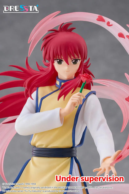 Yu Yu Hakusho Dressta Kurama Figure with red hair, yellow outfit, rose accessory, pink energy effects, and display base
