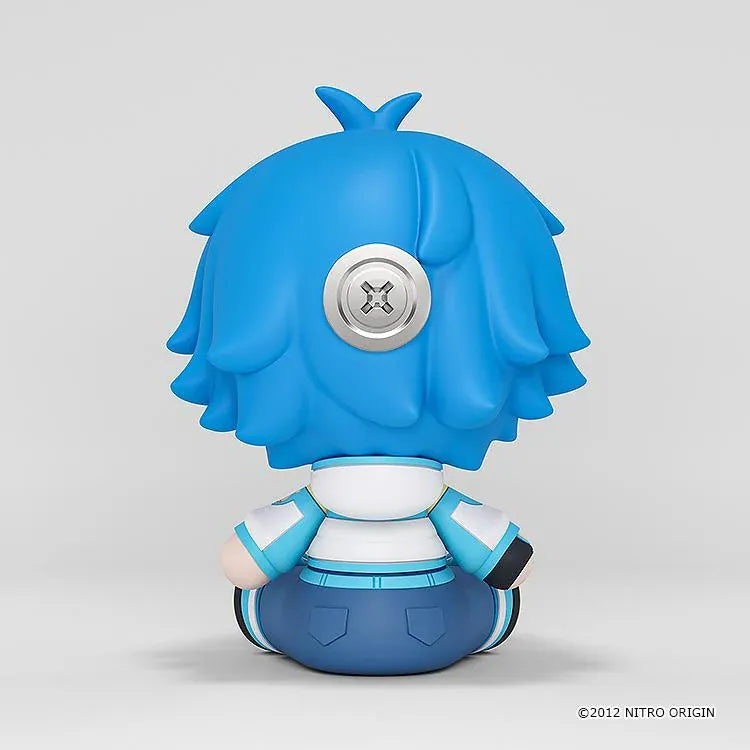 DRAMAtical Murder Huggy Good Smile Aoba figure with blue hair, star-filled eyes, headphones, and a blue-and-white outfit in a seated pose.