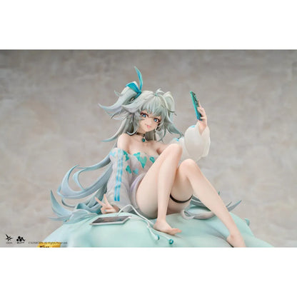 Girls' Frontline 2 Exilium Florence Marvellous Herb Cake Ver. 1/7 Scale Figure seated on a cushion with mint hair, phone accessory, pillows, snacks, and game controller details