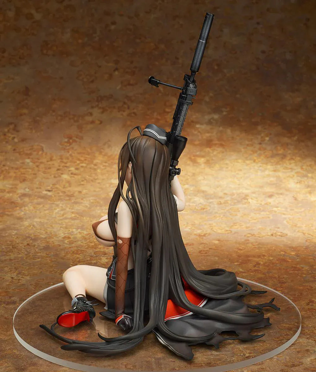 Girls' Frontline GD DSR-50 Heavy Damage 1/7 Scale Figure seated with long brown hair, tactical outfit, sniper rifle accessory, and clear display base