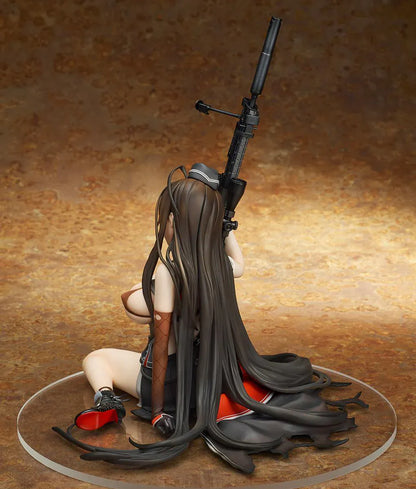 Girls' Frontline GD DSR-50 Heavy Damage 1/7 Scale Figure seated with long brown hair, tactical outfit, sniper rifle accessory, and clear display base