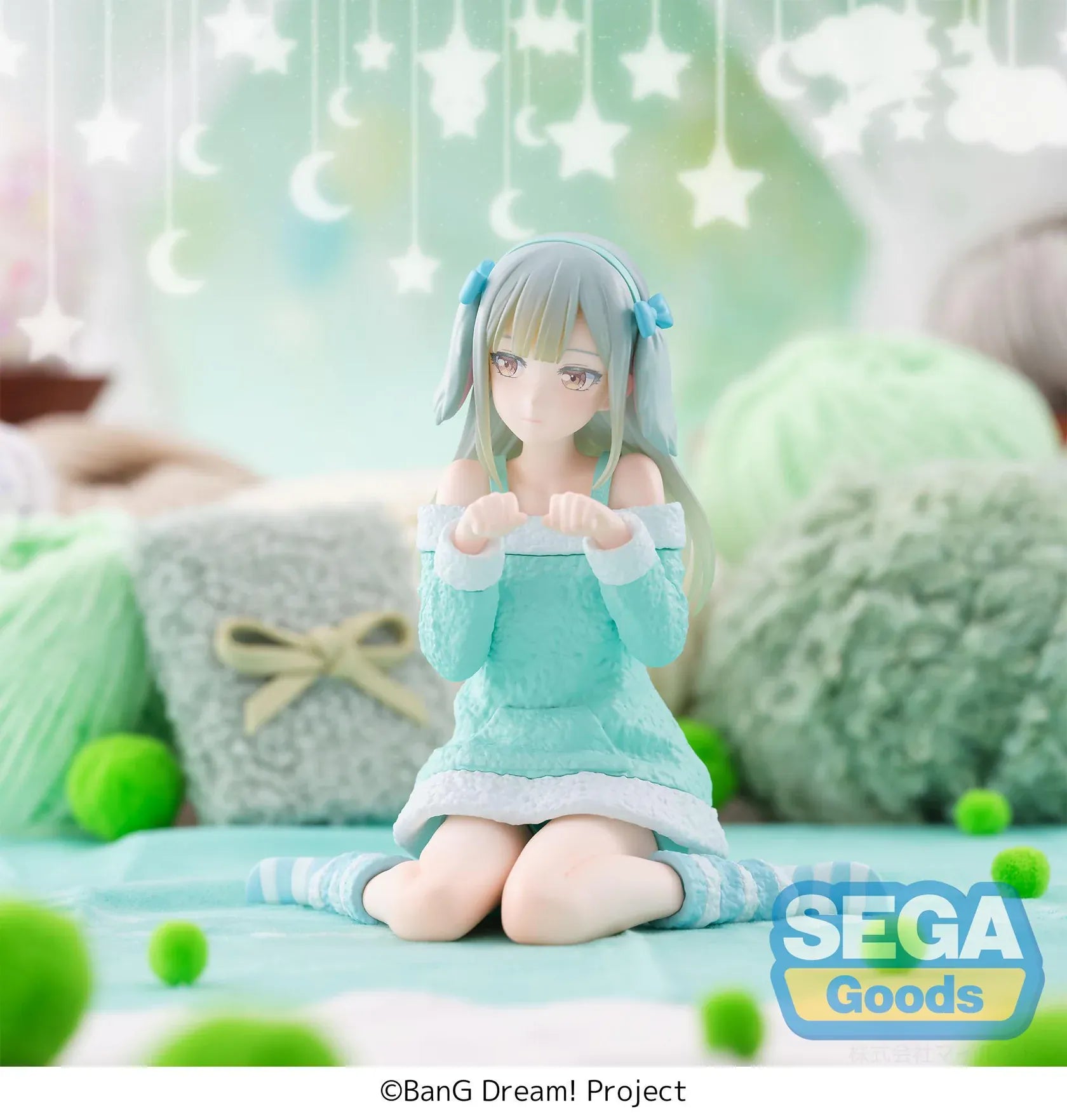 BanG Dream Yumemirize Mutsumi Wakaba Pajama Party Figure wearing mint green pajamas with striped socks