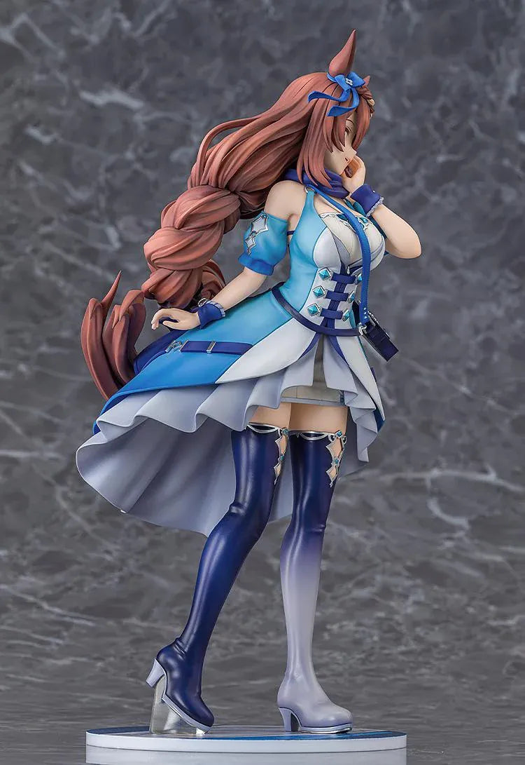 Umamusume Cinderella Gray Super Creek figure with flowing brown hair, a blue and white outfit, shoulder bag, and tall boots, posed with a hand against her cheek.