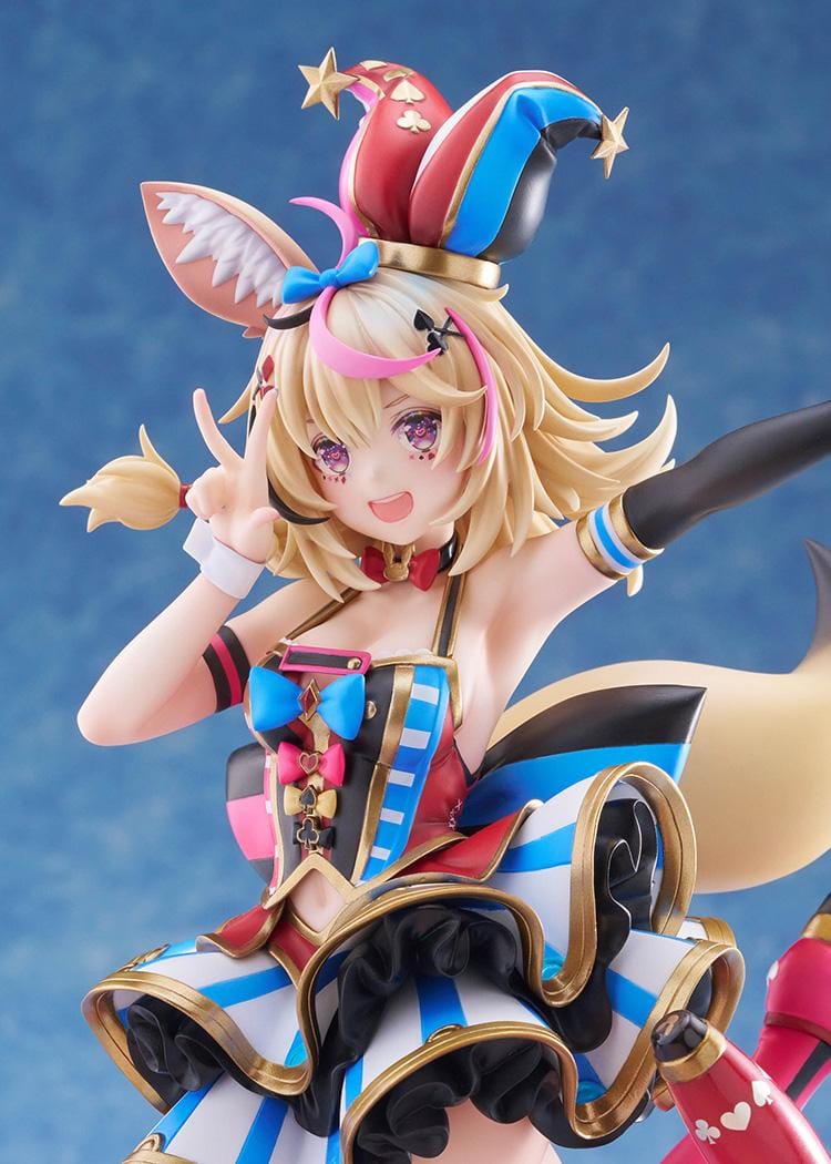 hololive production Omaru Polka 1/7 Scale Figure with jester outfit, fox ears, baton, colorful circus base, and dynamic pose