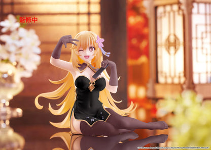 Desktop Cute Misaki Shokuho Chinese Dress Ver. figure seated in a black and gold dress, winking and holding a remote control, with flowing blonde hair