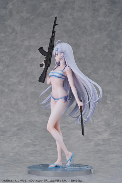 Playing Death Games to Put Food on the Table Yuki 1/7 Scale Figure with long silver hair, blue-and-white outfit, rifle, blade accessory, and display base