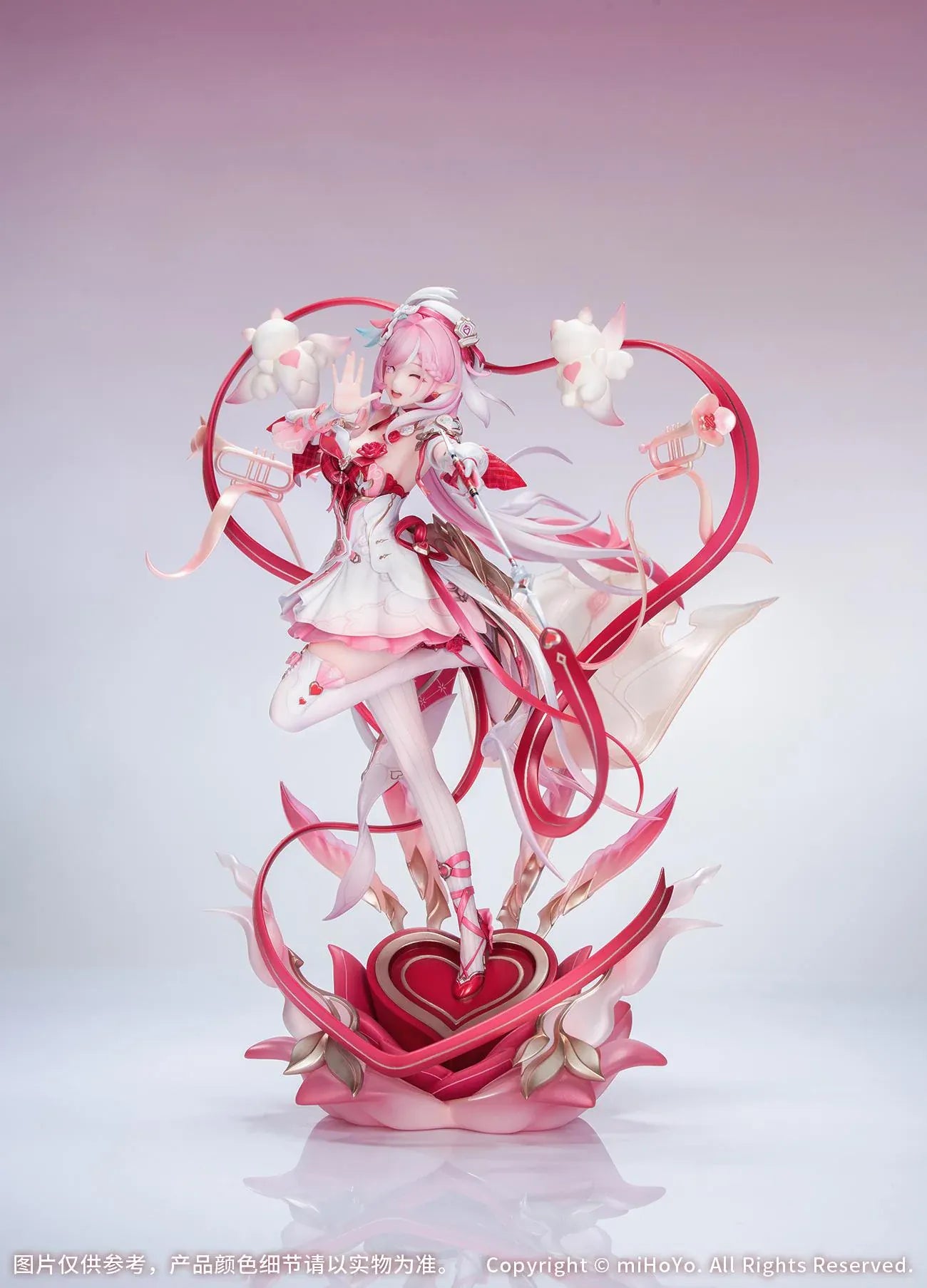 Honkai Impact 3rd Elysia Hi Love Elf Ver. 1/7 Scale Figure Bonus Edition featuring Elysia in a pink-and-white outfit with heart-themed base, ribbon effects, and musical accessories.