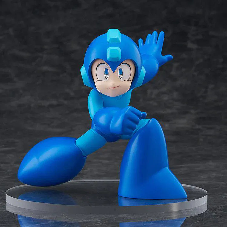 Pop Up Parade Mega Man figure in bright blue armor, posed in a dynamic running attack stance