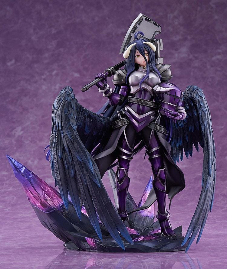 Albedo Hermes Trismegistus Ver. 1/7 scale figure in purple and silver armor, with dark feathered wings, a large black weapon, and a purple crystal base.