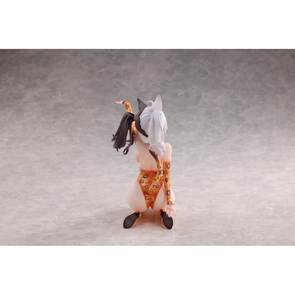 Astral Party Nancy Lu 1/6 Scale Figure featuring a black and white-haired anime girl with purple eyes wearing an orange leopard-print bodysuit, animal ears, and a spotted tail in a playful kneeling pose, accompanied by matching illustrated artwork.