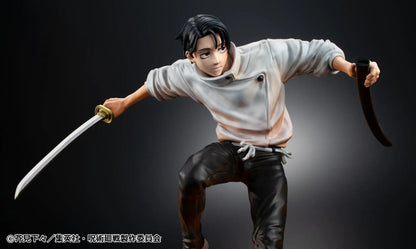 Jujutsu Kaisen Yuta Okkotsu The Culling Game figure in an airborne sword pose, wearing a white jacket and black trousers above an orange effect base.