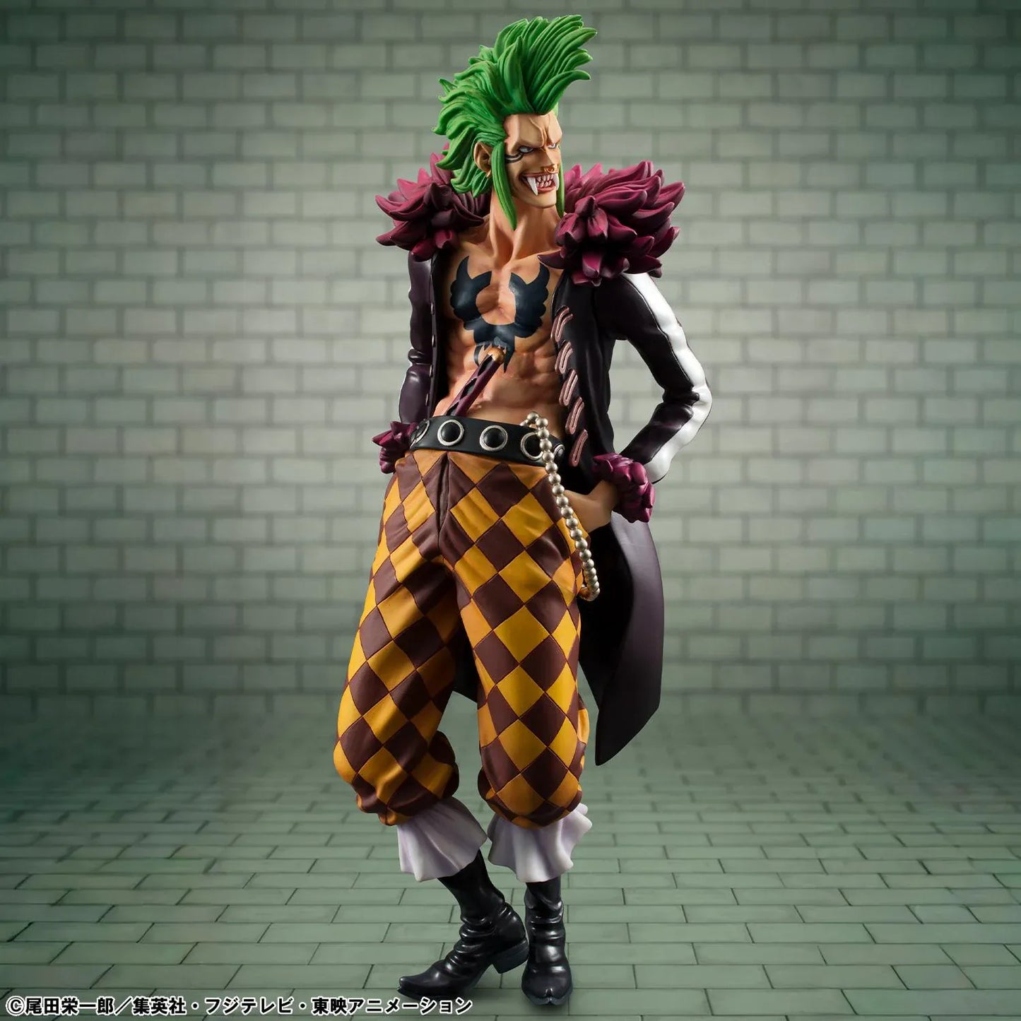 One Piece Portrait Of Pirates Limited Edition Bartolomeo the Cannibal figure with green hair, black coat, and checkered pants