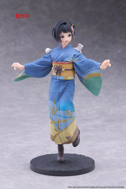 Sparks of Tomorrow Inako Momokawa Coreful Figure featuring a dark-haired anime girl with a pink floral hair accessory, blue kimono with gold and green accents, golden obi, brown boots, and a small white cat perched on her shoulder, standing on a textured circular base.
