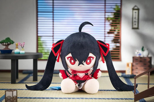 Azur Lane Taihou Private Quarters Punipuni Plushie featuring Taihou with black twin tails, red eyes, and her elegant red outfit in a soft plush design