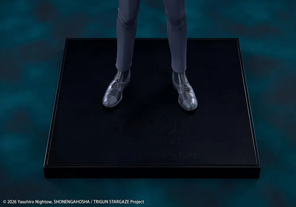 Trigun Stampede Oshi Works Livio the Double Fang Figure featuring Livio with silver hair, black suit, crossed-arm pose, stern expression, and display base.