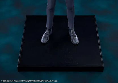 Trigun Stampede Oshi Works Livio the Double Fang Figure featuring Livio with silver hair, black suit, crossed-arm pose, stern expression, and display base.
